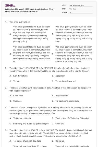 (Viên chức Mầm non) 1398 câu trắc nghiệm Luật Công chức, Viên chức có đáp án - Phần 10
