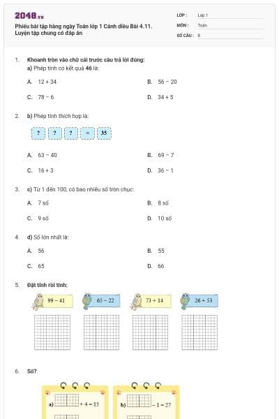 Phiếu bài tập hàng ngày Toán lớp 1 Cánh diều Bài 4.11. Luyện tập chung có đáp án