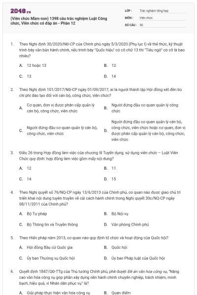 (Viên chức Mầm non) 1398 câu trắc nghiệm Luật Công chức, Viên chức có đáp án - Phần 12