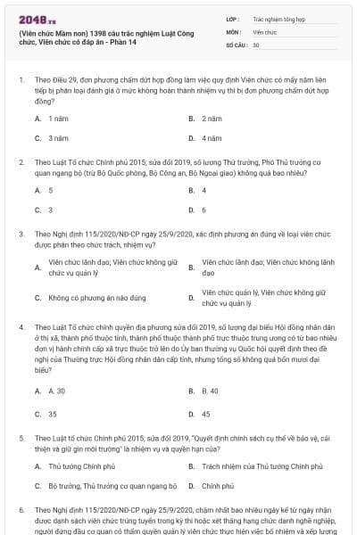 (Viên chức Mầm non) 1398 câu trắc nghiệm Luật Công chức, Viên chức có đáp án - Phần 14