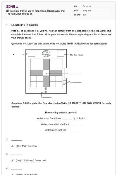Đề minh họa thi vào lớp 10 môn Tiếng Anh (chuyên) Phú Thọ năm 2026 có đáp án