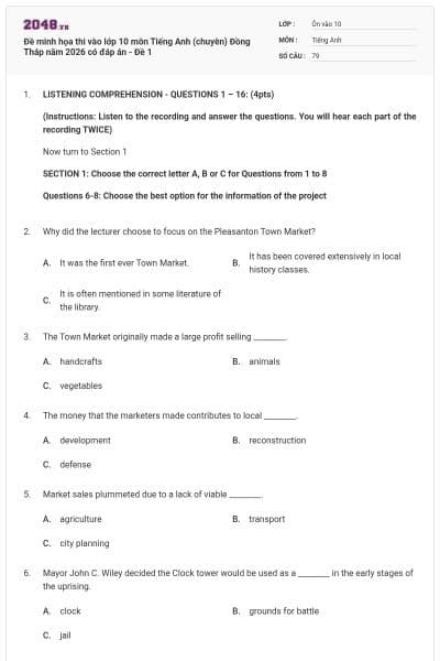 Đề minh họa thi vào lớp 10 môn Tiếng Anh (chuyên) Đồng Tháp năm 2026 có đáp án - Đề 1