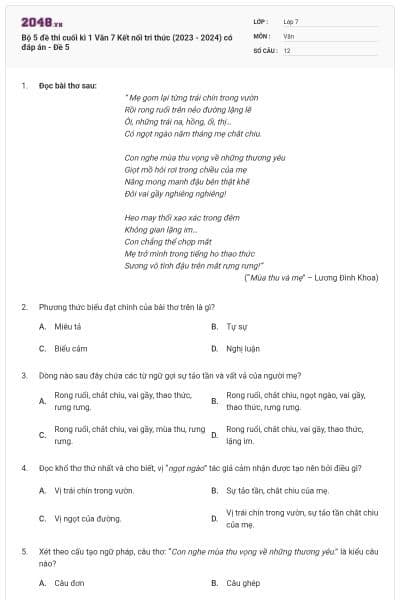 Bộ 5 đề thi cuối kì 1 Văn 7 Kết nối tri thức (2023 - 2024) có đáp án - Đề 5