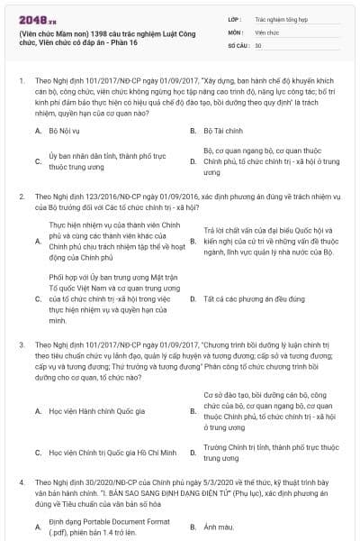 (Viên chức Mầm non) 1398 câu trắc nghiệm Luật Công chức, Viên chức có đáp án - Phần 16