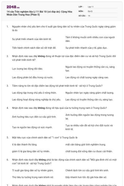 14 câu Trắc nghiệm Địa Lí 11 Bài 10 (có đáp án): Cộng Hòa Nhân Dân Trung Hoa (Phần 5)