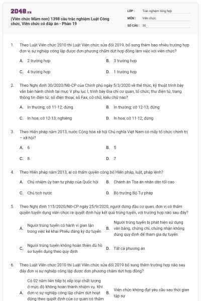 (Viên chức Mầm non) 1398 câu trắc nghiệm Luật Công chức, Viên chức có đáp án - Phần 19