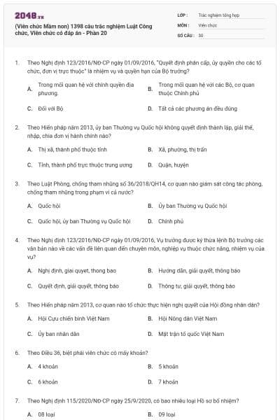 (Viên chức Mầm non) 1398 câu trắc nghiệm Luật Công chức, Viên chức có đáp án - Phần 20