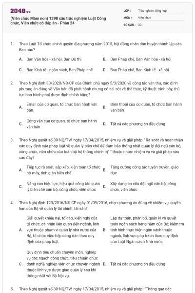 (Viên chức Mầm non) 1398 câu trắc nghiệm Luật Công chức, Viên chức có đáp án - Phần 24
