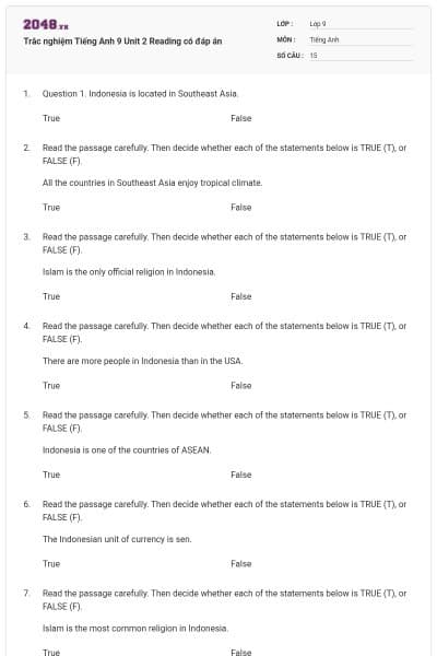 Trắc nghiệm Tiếng Anh 9 Unit 2 Reading có đáp án