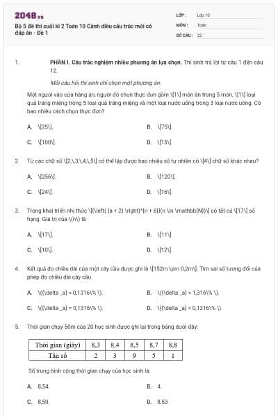 Bộ 5 đề thi cuối kì 2 Toán 10 Cánh diều cấu trúc mới có đáp án - Đề 1