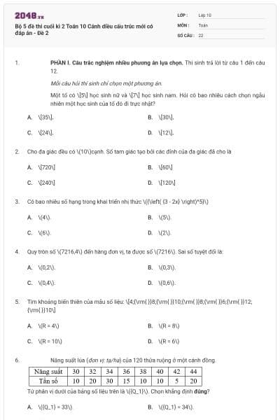 Bộ 5 đề thi cuối kì 2 Toán 10 Cánh diều cấu trúc mới có đáp án - Đề 2