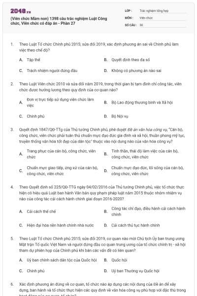 (Viên chức Mầm non) 1398 câu trắc nghiệm Luật Công chức, Viên chức có đáp án - Phần 27