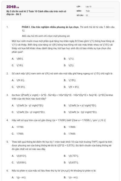 Bộ 5 đề thi cuối kì 2 Toán 10 Cánh diều cấu trúc mới có đáp án - Đề 3