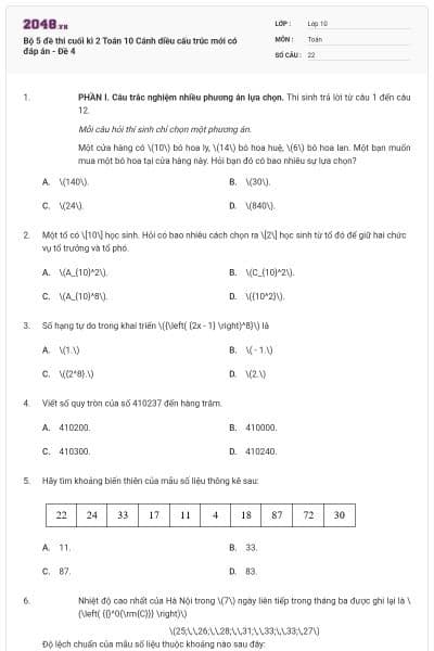 Bộ 5 đề thi cuối kì 2 Toán 10 Cánh diều cấu trúc mới có đáp án - Đề 4