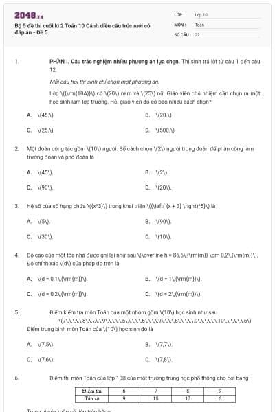 Bộ 5 đề thi cuối kì 2 Toán 10 Cánh diều cấu trúc mới có đáp án - Đề 5