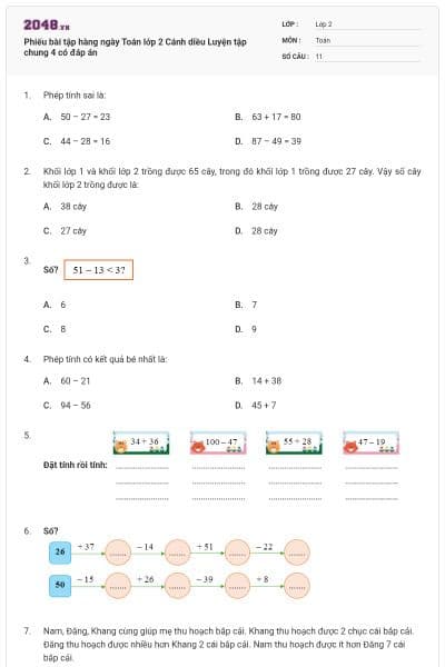 Phiếu bài tập hàng ngày Toán lớp 2 Cánh diều Luyện tập chung 4 có đáp án
