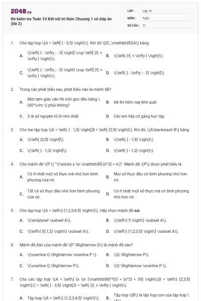 Đề kiểm tra Toán 10 Kết nối tri thức Chương 1 có đáp án (Đề 2)