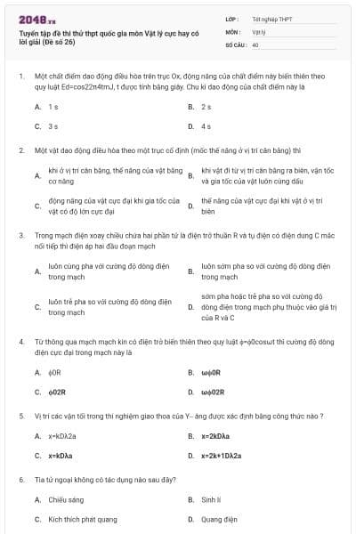 Tuyển tập đề thi thử thpt quốc gia môn Vật lý cực hay có lời giải (Đề số 26)