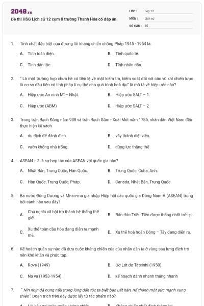Đề thi HSG Lịch sử 12 cụm 8 trường Thanh Hóa có đáp án