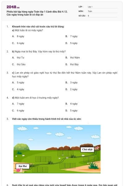 Phiếu bài tập hàng ngày Toán lớp 1 Cánh diều Bài 4.12. Các ngày trong tuần lễ có đáp án