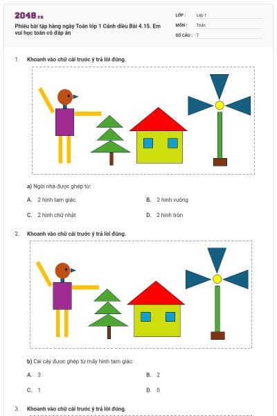 Phiếu bài tập hàng ngày Toán lớp 1 Cánh diều Bài 4.15. Em vui học toán có đáp án