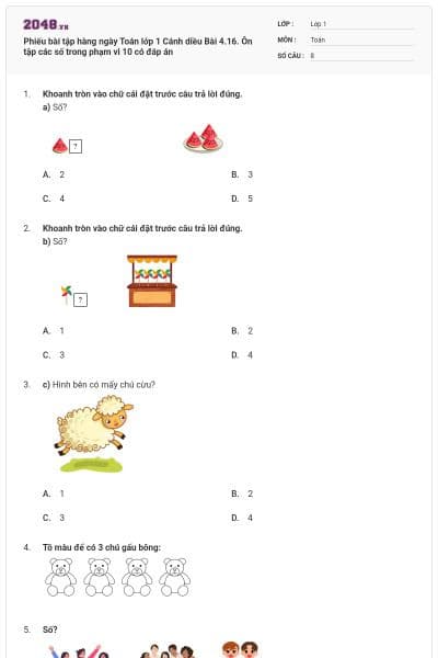 Phiếu bài tập hàng ngày Toán lớp 1 Cánh diều Bài 4.16. Ôn tập các số trong phạm vi 10 có đáp án