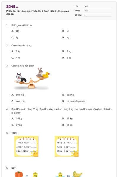 Phiếu bài tập hàng ngày Toán lớp 2 Cánh diều Ki-lô-gam có đáp án