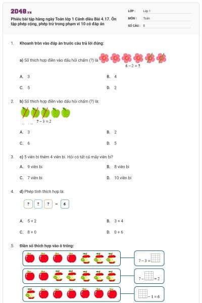 Phiếu bài tập hàng ngày Toán lớp 1 Cánh diều Bài 4.17. Ôn tập phép cộng, phép trừ trong phạm vi 10 có đáp án