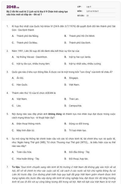 Bộ 2 đề thi cuối kì 2 Lịch sử & Địa lí 9 Chân trời sáng tạo cấu trúc mới có đáp án - Đề số 1
