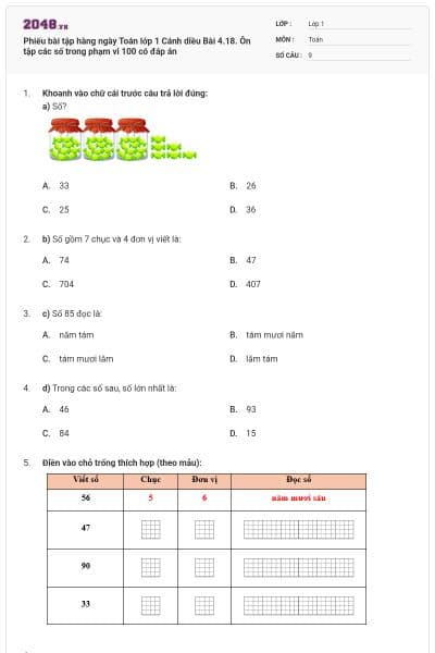 Phiếu bài tập hàng ngày Toán lớp 1 Cánh diều Bài 4.18. Ôn tập các số trong phạm vi 100 có đáp án