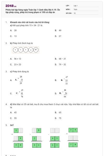 Phiếu bài tập hàng ngày Toán lớp 1 Cánh diều Bài 4.19. Ôn tập phép cộng, phép trừ trong phạm vi 100 có đáp án