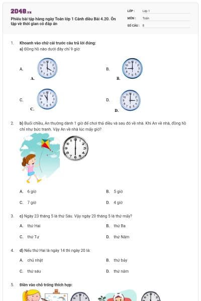 Phiếu bài tập hàng ngày Toán lớp 1 Cánh diều Bài 4.20. Ôn tập về thời gian có đáp án