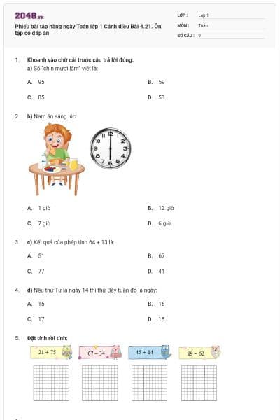 Phiếu bài tập hàng ngày Toán lớp 1 Cánh diều Bài 4.21. Ôn tập có đáp án