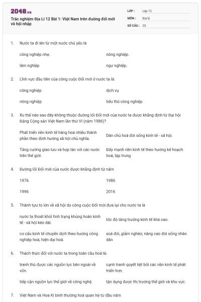 Trắc nghiệm Địa Lí 12 Bài 1: Việt Nam trên đường đổi mới và hội nhập