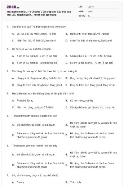 Trắc nghiệm Địa Lí 10 Chương 3 (có đáp án): Cấu trúc của Trái Đất. Thạch quyển. Thuyết kiến tạo mảng