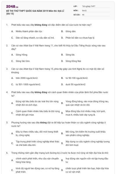 ĐỀ THI THỬ THPT QUỐC GIA NĂM 2019 Môn thi: ĐỊA LÍ (Đề 15)