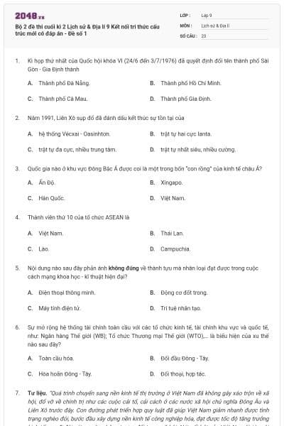 Bộ 2 đề thi cuối kì 2 Lịch sử & Địa lí 9 Kết nối tri thức cấu trúc mới có đáp án - Đề số 1