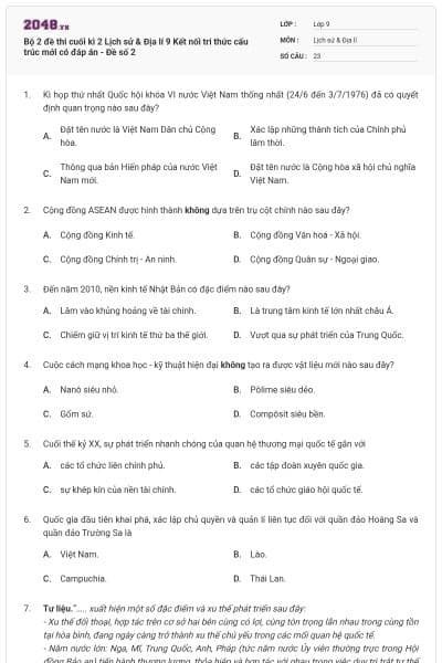 Bộ 2 đề thi cuối kì 2 Lịch sử & Địa lí 9 Kết nối tri thức cấu trúc mới có đáp án - Đề số 2