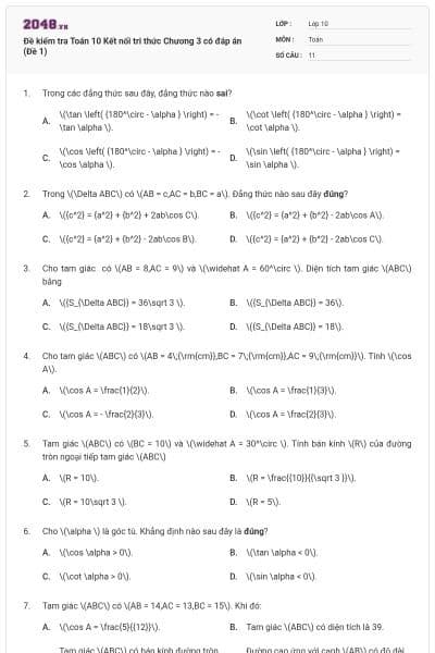Đề kiểm tra Toán 10 Kết nối tri thức Chương 3 có đáp án (Đề 1)