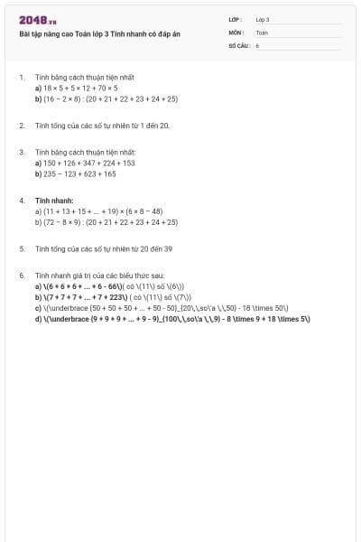 Bài tập nâng cao Toán lớp 3 Tính nhanh có đáp án
