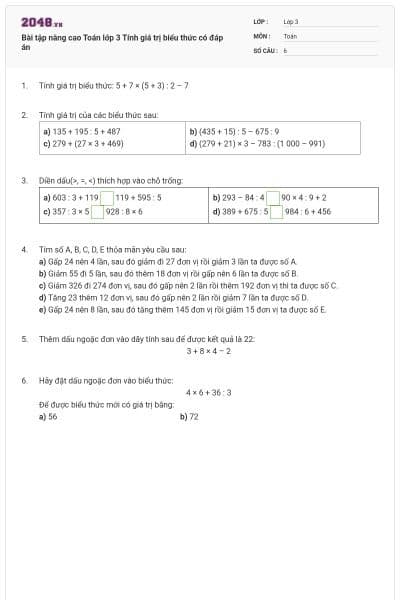 Bài tập nâng cao Toán lớp 3 Tính giá trị biểu thức có đáp án
