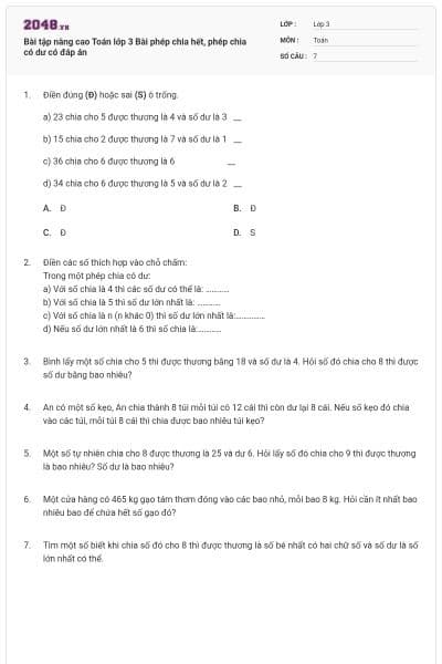 Bài tập nâng cao Toán lớp 3 Bài phép chia hết, phép chia có dư có đáp án