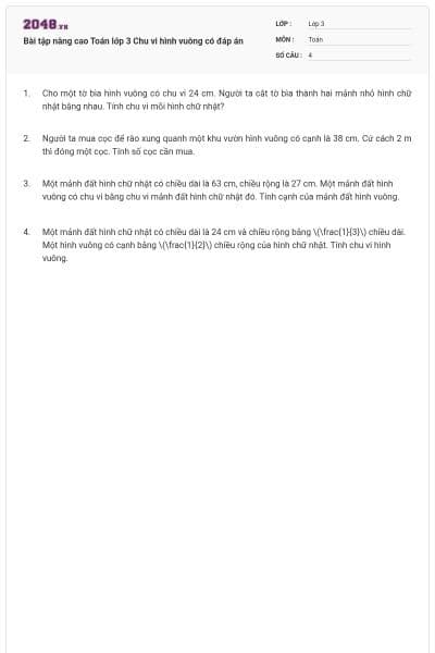 Bài tập nâng cao Toán lớp 3 Chu vi hình vuông có đáp án