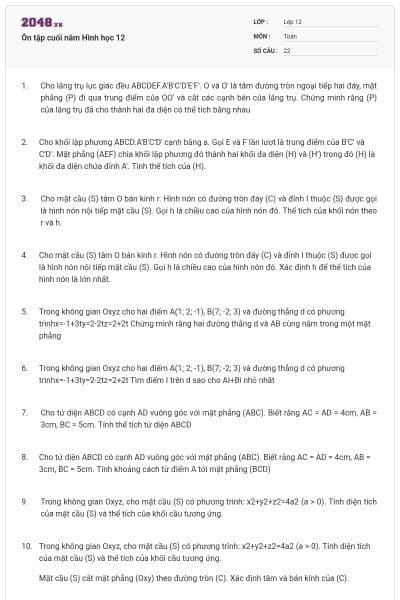 Ôn tập cuối năm Hình học 12