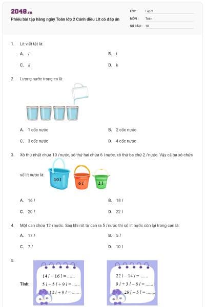 Phiếu bài tập hàng ngày Toán lớp 2 Cánh diều Lít có đáp án