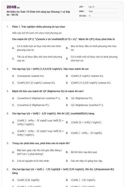 Đề kiểm tra Toán 10 Chân trời sáng tạo Chương 1 có đáp án - Đề 02