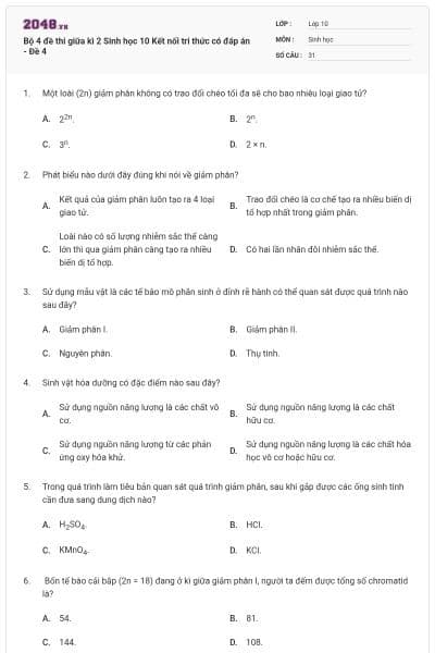 Bộ 4 đề thi giữa kì 2 Sinh học 10 Kết nối tri thức có đáp án - Đề 4