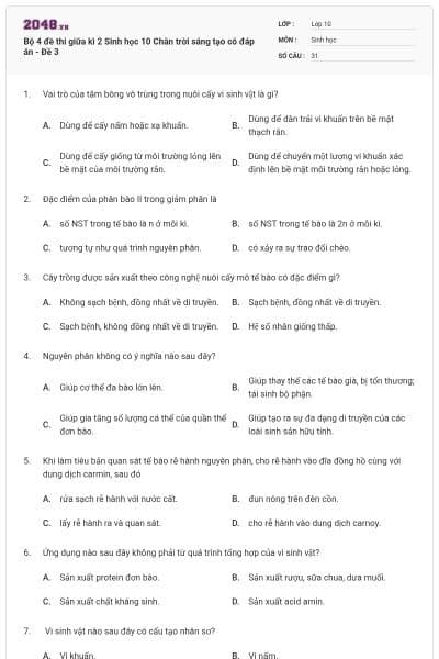 Bộ 4 đề thi giữa kì 2 Sinh học 10 Chân trời sáng tạo có đáp án - Đề 3