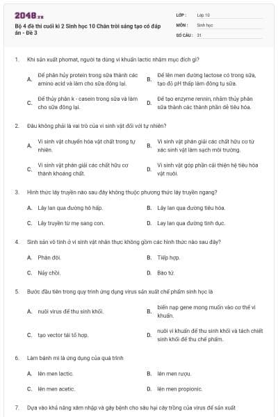 Bộ 4 đề thi cuối kì 2 Sinh học 10 Chân trời sáng tạo có đáp án - Đề 3