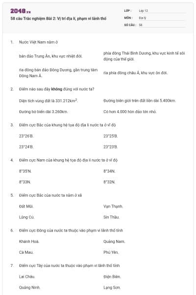 58 câu Trắc nghiệm Bài 2: Vị trí địa lí, phạm vi lãnh thổ
